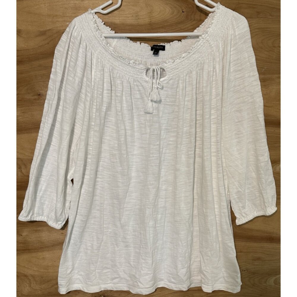 Talbots Woman XL  White Blouse Tunic Boho Tassel Tie Simple Beach Vacation